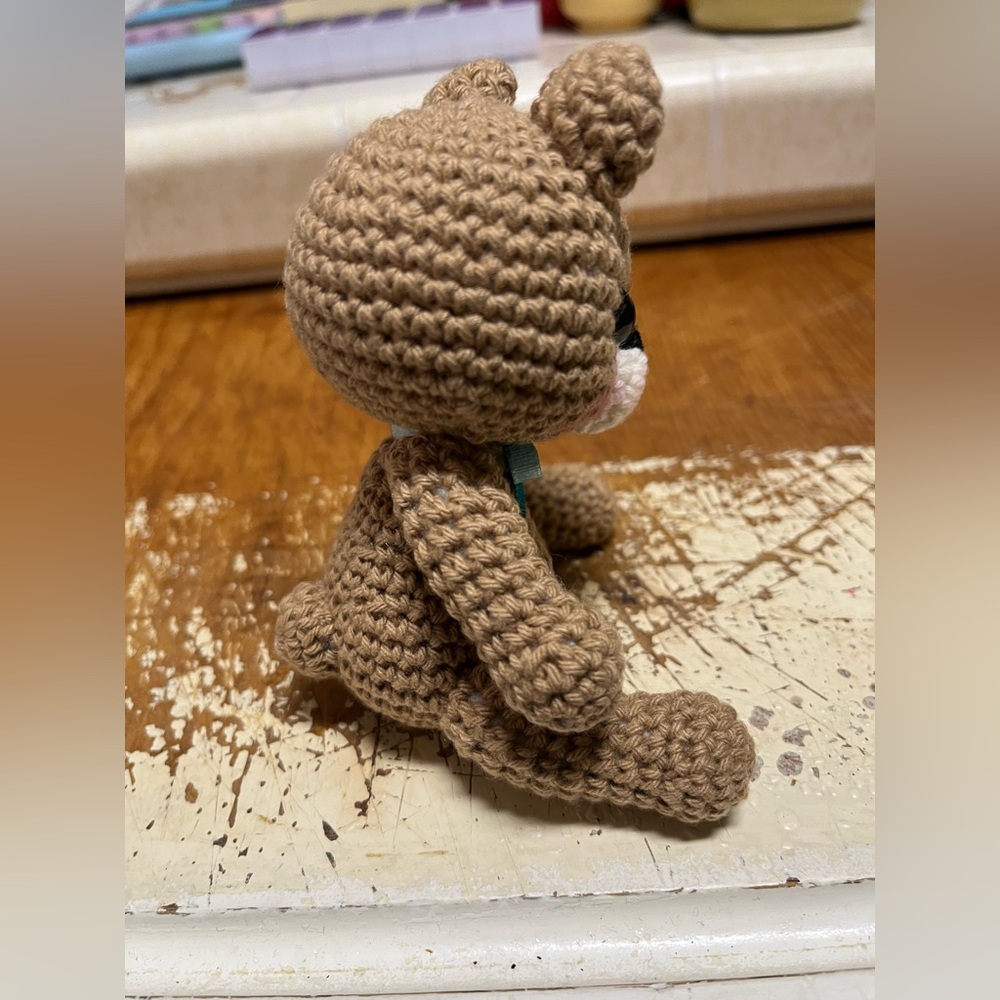 Handmade Crochet Bear with Blue Bow - Picture 6 of 6